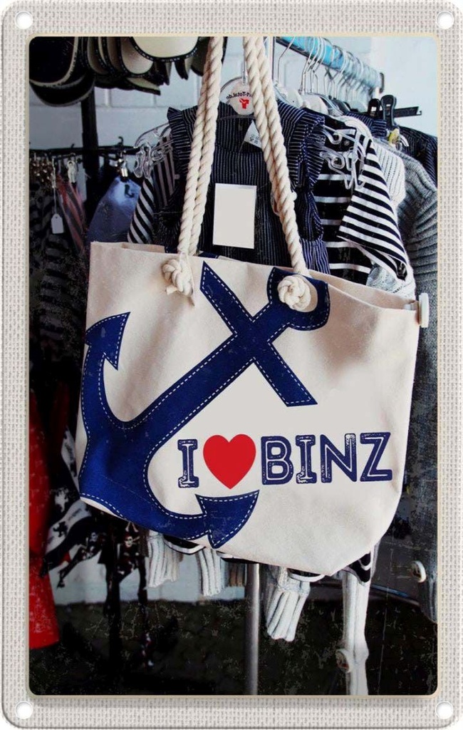 Blechschild 30x20 cm Binz Deutschland Anker Tasche weiß Bildmotiv Reisemotiv Abenteuer Reisen Urlaub
