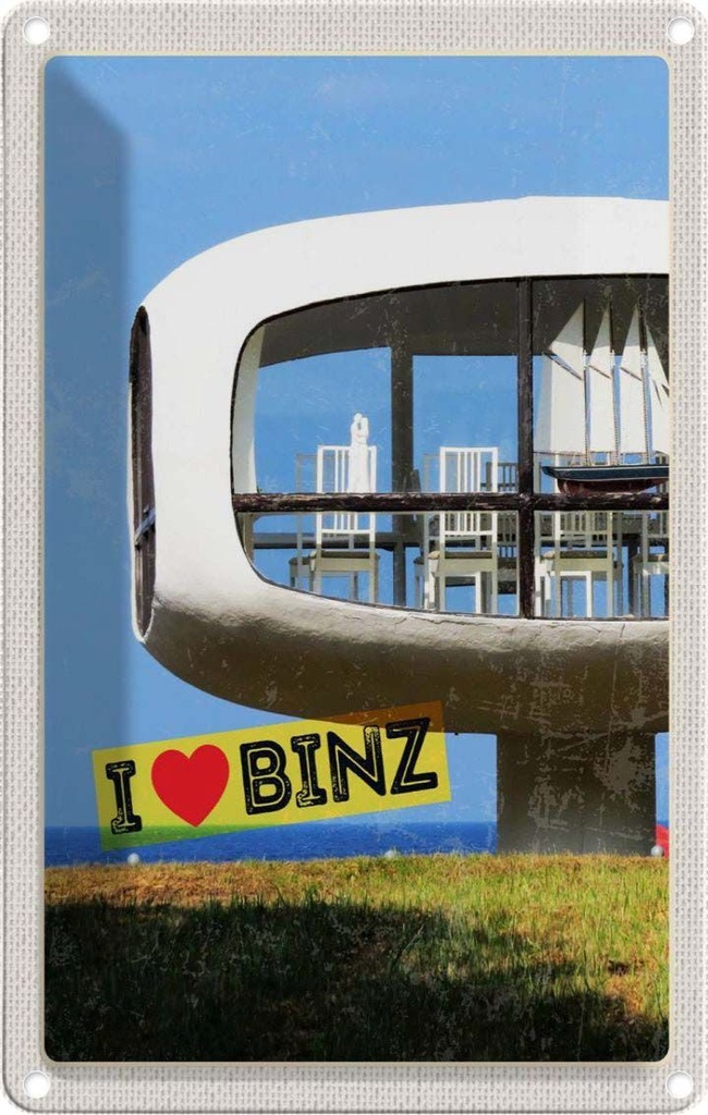 Blechschild 30x20 cm Binz Deutschland Gebäude Stühle Tisch Bildmotiv Reisemotiv Abenteuer Reisen Urlaub