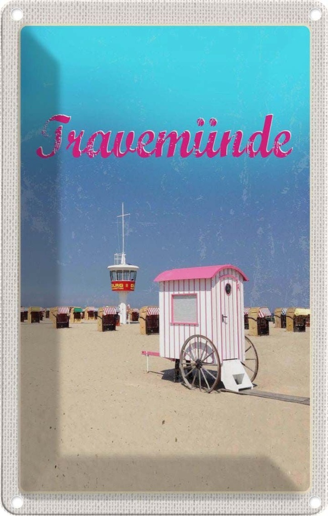Blechschild 30x20 cm Travenmünde Strand Strankörbe DLRG Bildmotiv Reisemotiv Abenteuer Reisen Urlaub