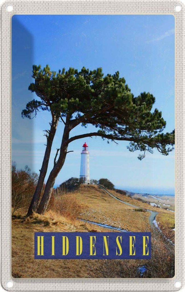 Blechschild 30x20 cm Hiddensee Leuchtturm Baum Weide Wiese Bildmotiv Reisemotiv Abenteuer Reisen Urlaub