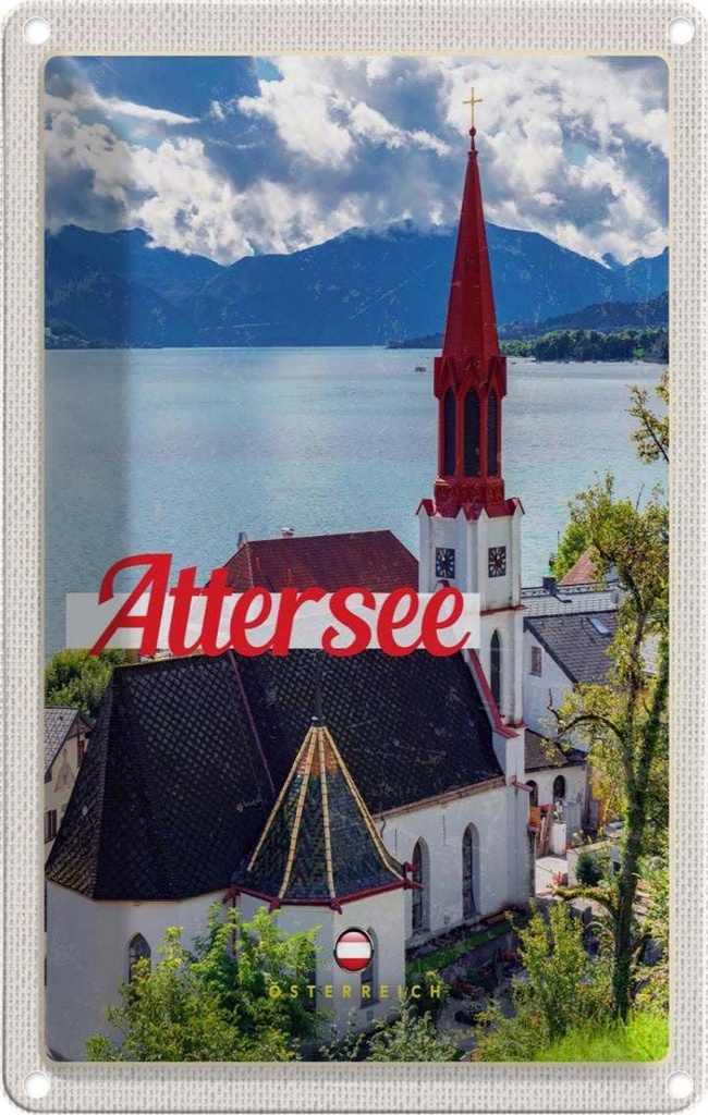 Blechschild 30x20 cm Attersee Österreich Kirche Berge See Bildmotiv Reisemotiv Abenteuer Reisen Urlaub