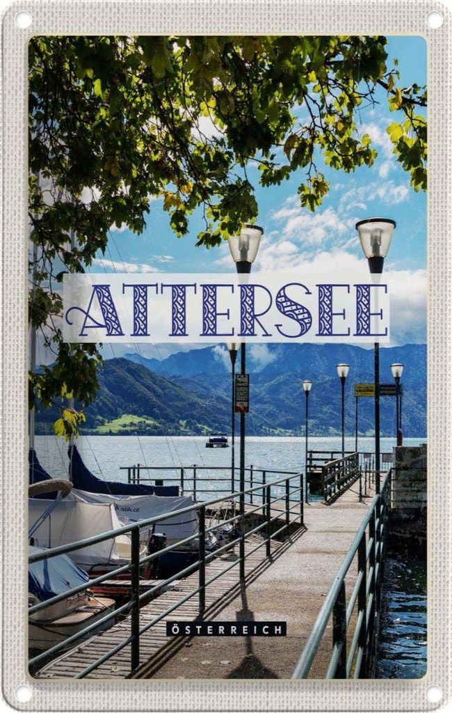 Blechschild 30x20 cm Attersee Österreich Kirche Laterne See Bildmotiv Reisemotiv Abenteuer Reisen Urlaub