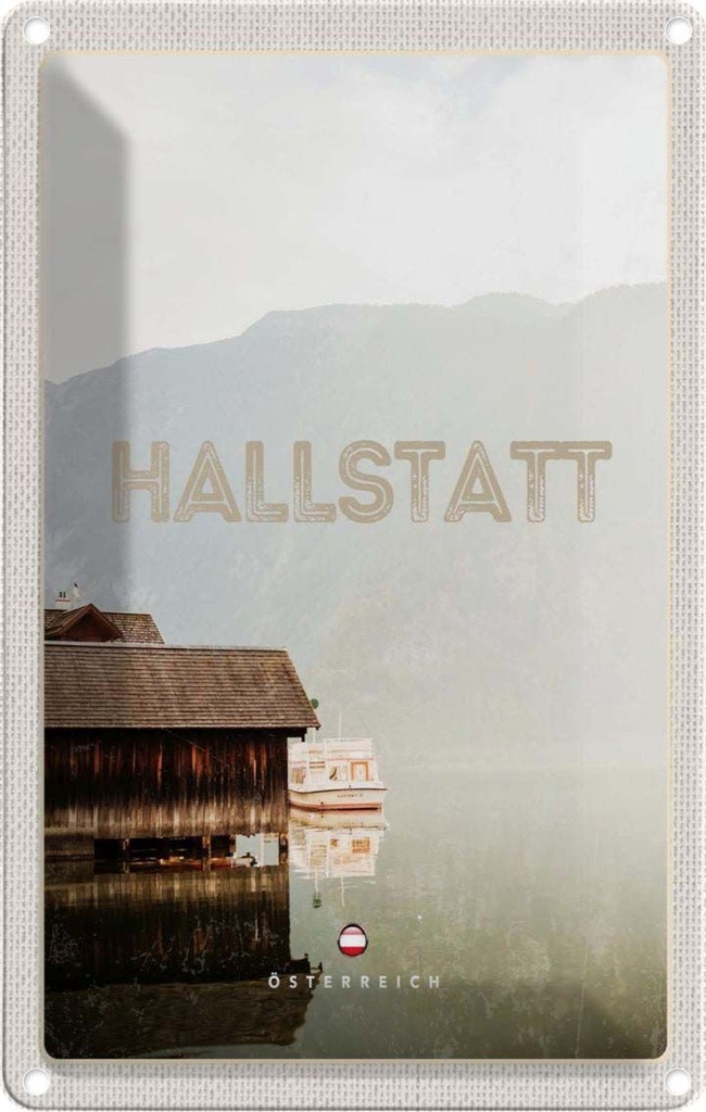 Blechschild 30x20 cm Hallstatt Österreich See Berge Boot Bildmotiv Reisemotiv Abenteuer Reisen Urlaub