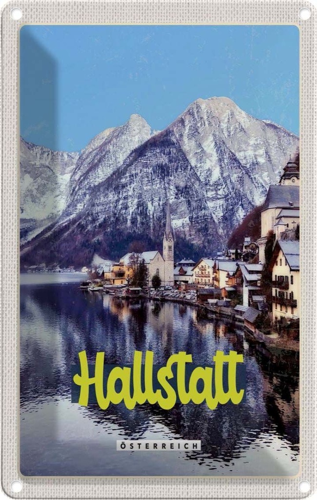 Blechschild 30x20 cm Hallstatt Österreich Berge Winterzeit Bildmotiv Reisemotiv Abenteuer Reisen Urlaub