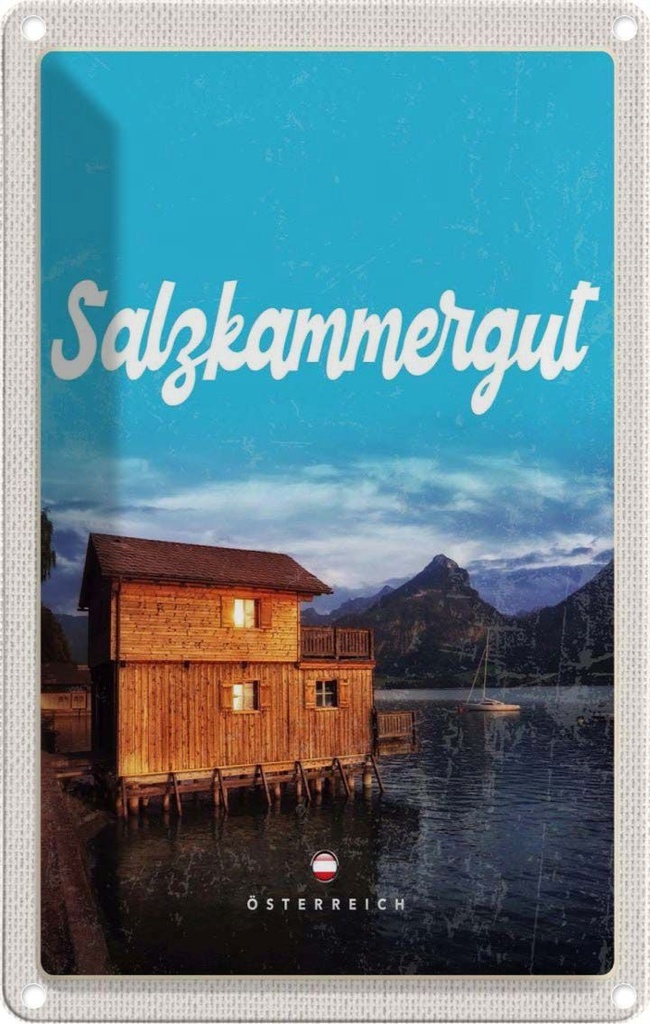 Blechschild 30x20 cm Salzkammergut Österreich Haus am See Bildmotiv Reisemotiv Abenteuer Reisen Urlaub