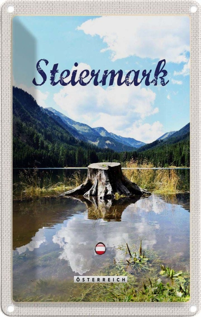 Blechschild 30x20 cm Steiermark Österreich See Wald Berg Bildmotiv Reisemotiv Abenteuer Reisen Urlaub