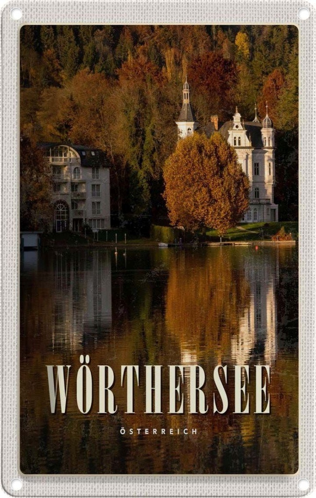 Blechschild 30x20 cm Wörthersee Europa Schloss Natur Bildmotiv Reisemotiv Abenteuer Reisen Urlaub