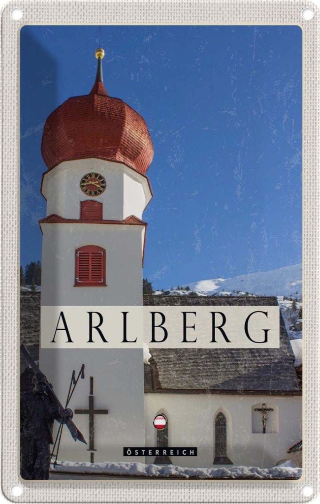 Blechschild 30x20 cm Arlberg Österreich Kirche Skulptur Bildmotiv Reisemotiv Abenteuer Reisen Urlaub