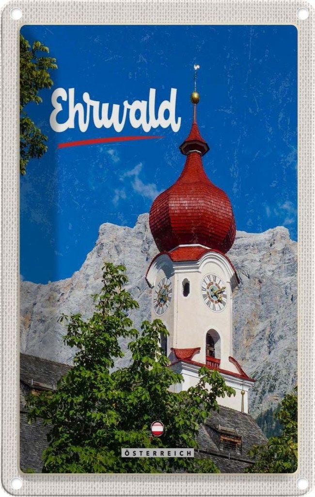 Blechschild 30x20 cm Whrwald Österreich Kirche roter Dach Bildmotiv Reisemotiv Abenteuer Reisen Urlaub