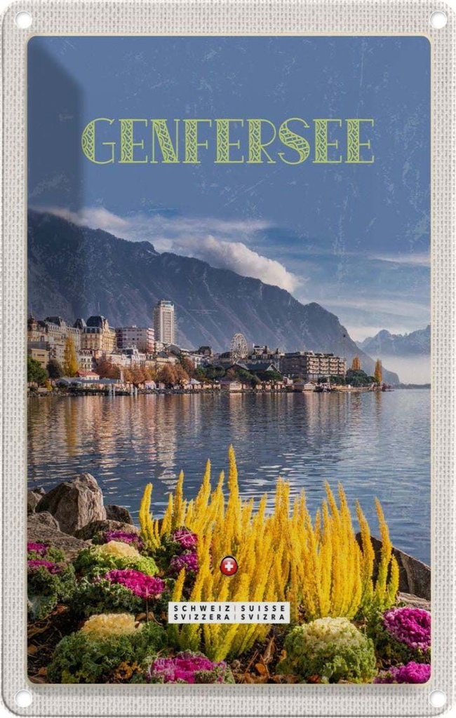 Blechschild 30x20 cm Genfersee Naturliebe Riesenrad Bildmotiv Reisemotiv Abenteuer Reisen Urlaub