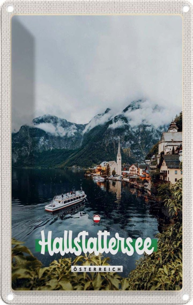 Blechschild 30x20 cm Hallstattersee Berge Schiff Boot Berg Bildmotiv Reisemotiv Abenteuer Reisen Urlaub