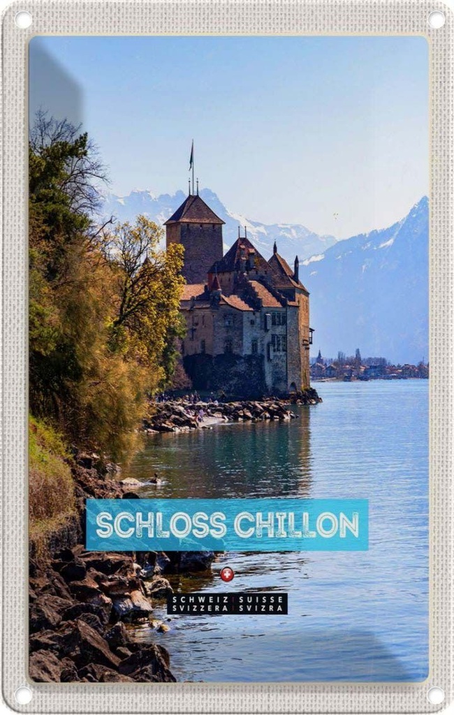 Blechschild 30x20 cm Genfersee Schweiz Schloss Chillon Bildmotiv Reisemotiv Abenteuer Reisen Urlaub