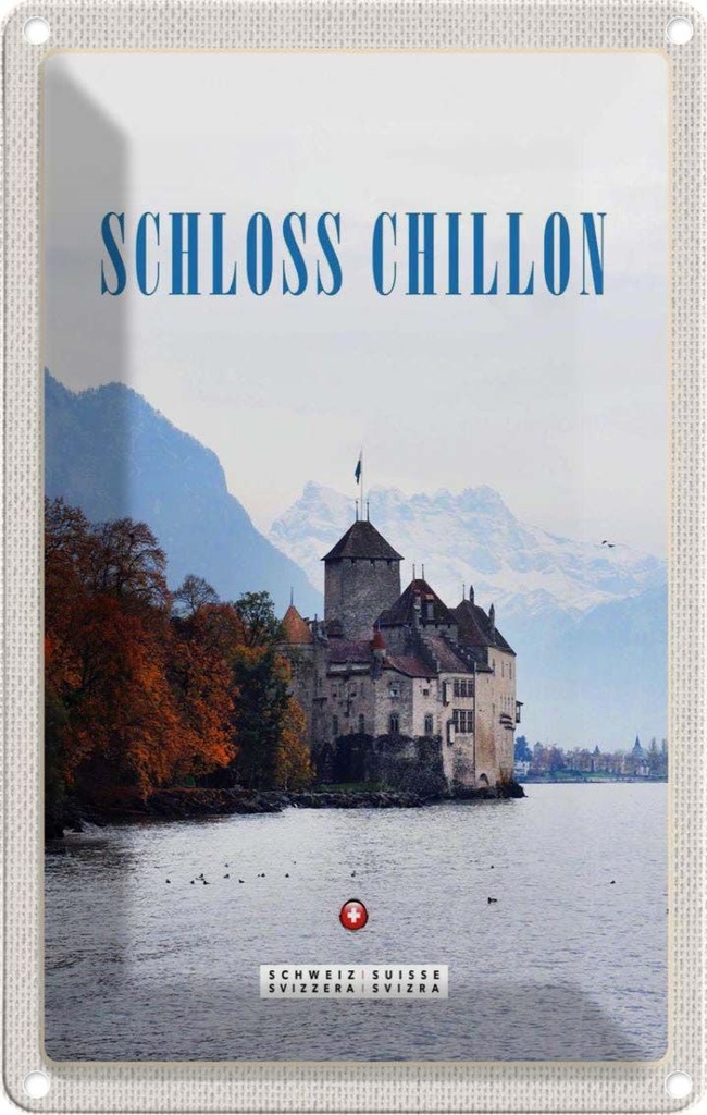 Blechschild 30x20 cm Ausblick auf Schloss Chillon Genfersee Bildmotiv Reisemotiv Abenteuer Reisen Urlaub