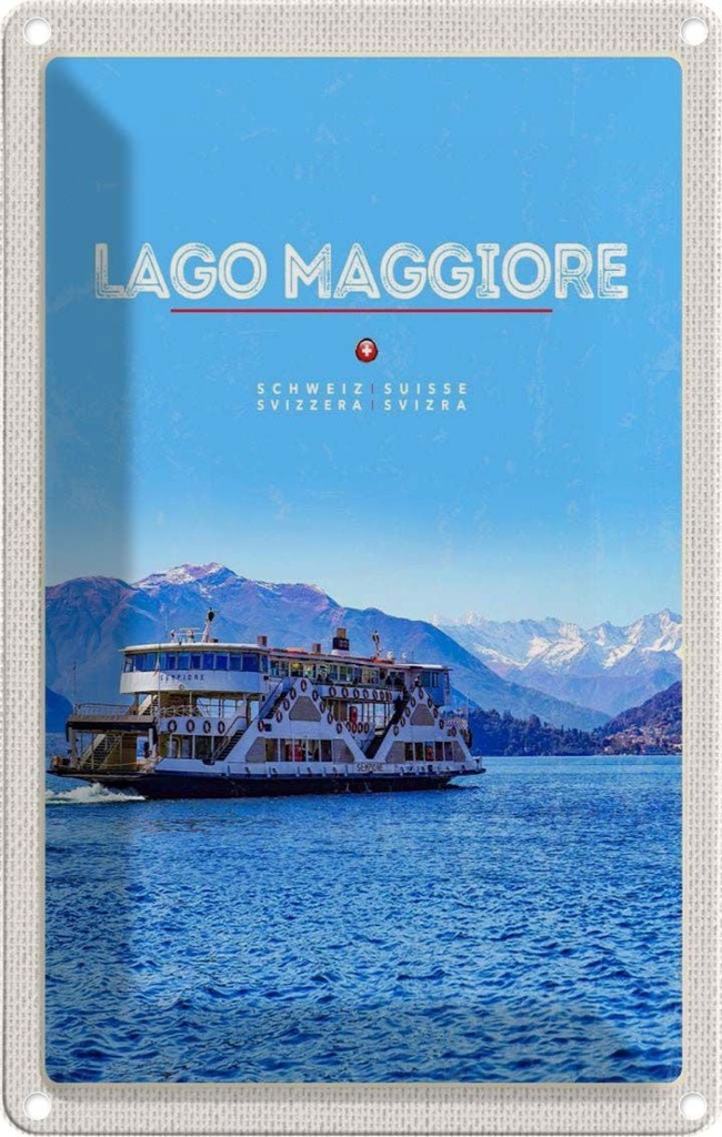 Blechschild 30x20 cm Lago Maggiore Urlaub Schiff See Berge Natur Bildmotiv Reisemotiv Abenteuer Reisen