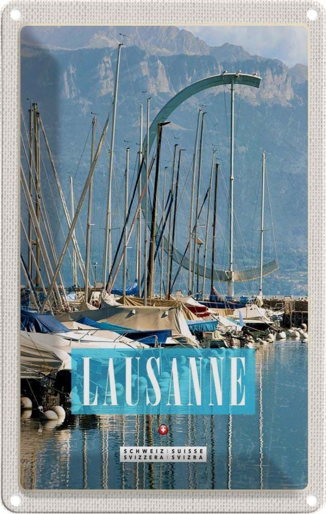 Blechschild 30x20 cm Lausanne Schweiz Boote Gebirge Wälder Bildmotiv Reisemotiv Abenteuer Reisen Urlaub