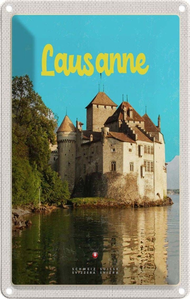 Blechschild 30x20 cm Lausanne Schloss See Schweiz Reiseziel Bildmotiv Reisemotiv Abenteuer Reisen Urlaub