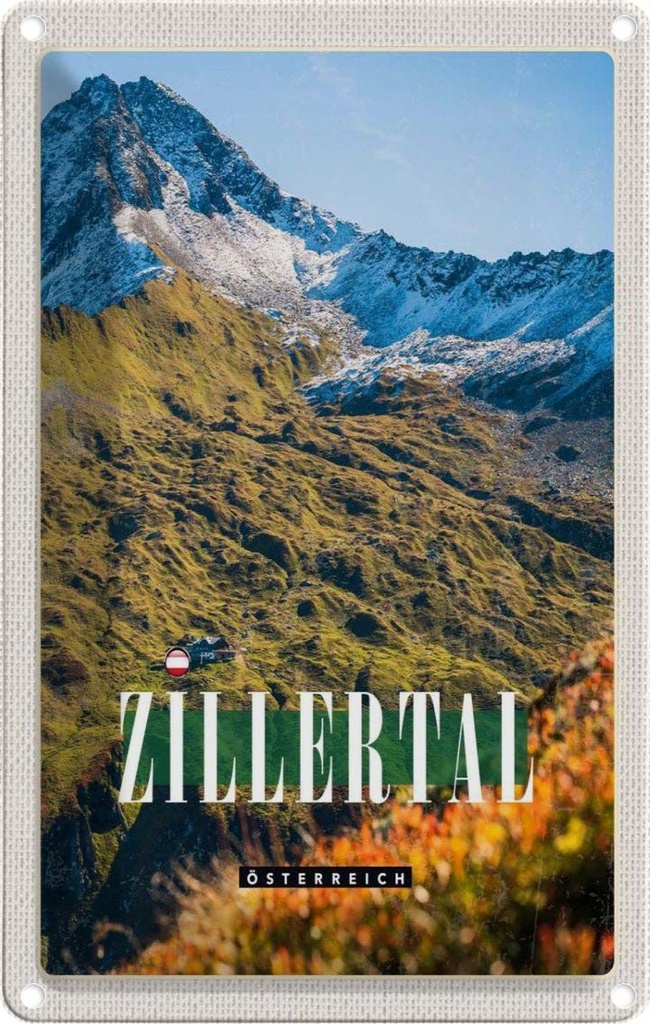 Blechschild 30x20 cm Zillertal Gebirge Natur Wälder Bildmotiv Reisemotiv Abenteuer Reisen Urlaub