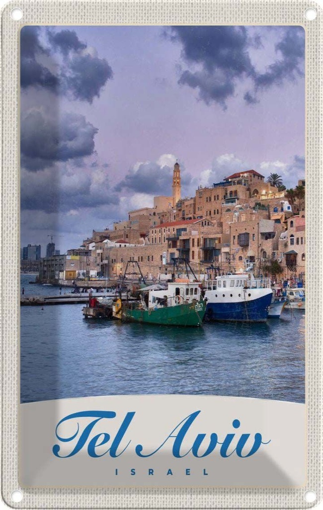 Blechschild 30x20 cm Tel Aviv Stadt Meer Boote Bildmotiv Reisemotiv Abenteuer Reisen Urlaub