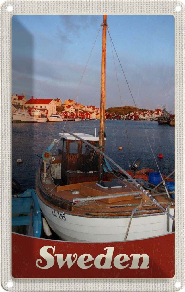 Blechschild 30x20 cm Schweden Europa Meer Shiff Gebäude Bildmotiv Reisemotiv Abenteuer Reisen Urlaub