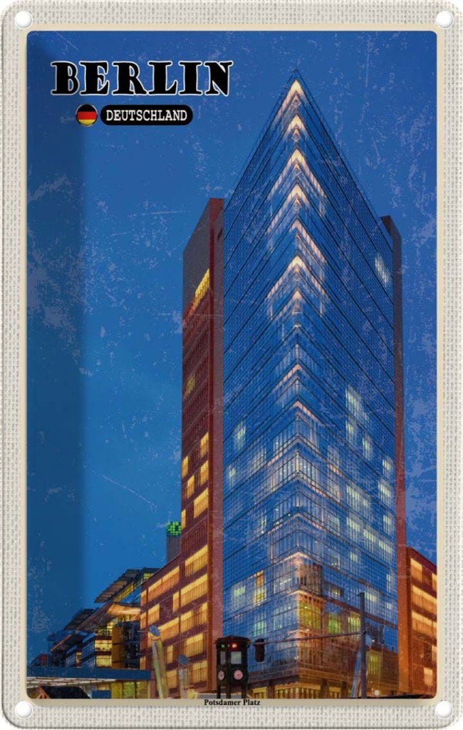 Blechschild 30x20 cm Berlin Potsdamer Gebäude Abend Bildmotiv Reisemotiv Abenteuer Reisen Urlaub