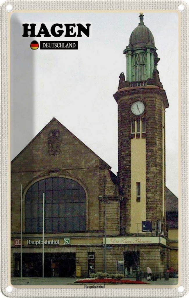 Blechschild 30x20 cm Hagen Hauptbahnhof Zug Bildmotiv Reisemotiv Abenteuer Reisen Urlaub