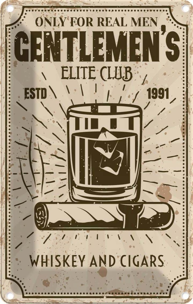 Blechschild 30x20 cm Whiskey Cigars elite club real men