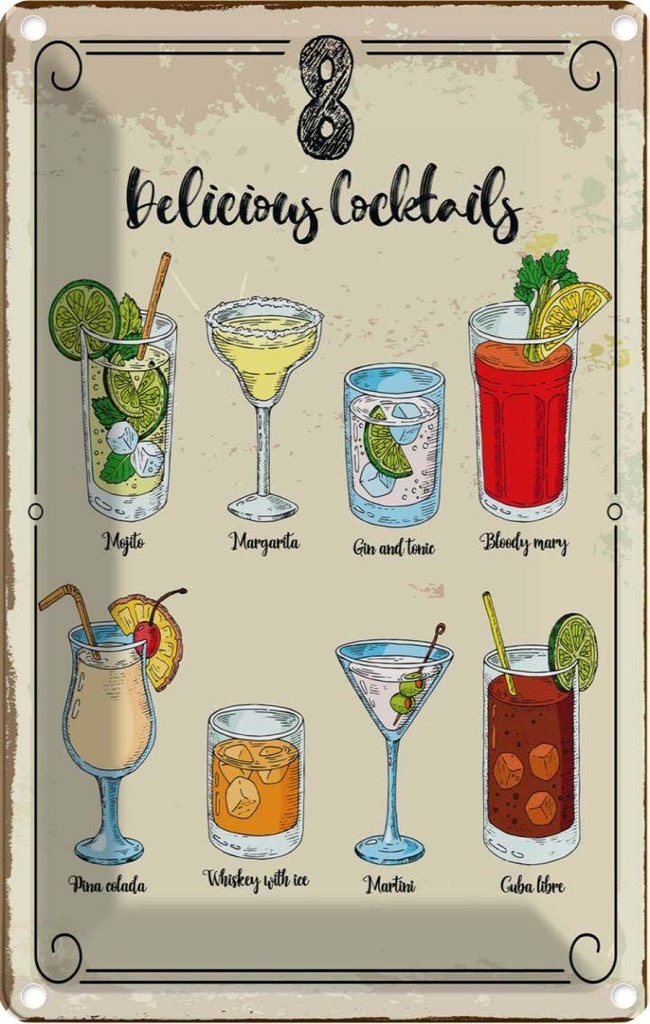 Blechschild 30x20 cm Cocktails Mojito Martini Margarita