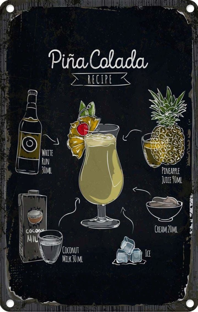 Blechschild 30x20 cm Pina Colada Coktail Recipe