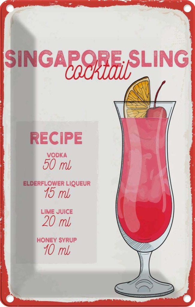 Blechschild 30x20 cm Singapore Sling Cocktail Recipe