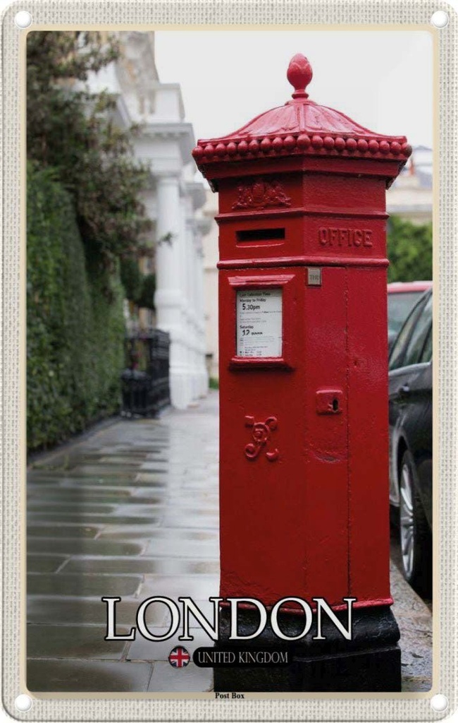 Blechschild 30x20 cm London England UK Post Box Bildmotiv Reisemotiv Abenteuer Reisen Urlaub