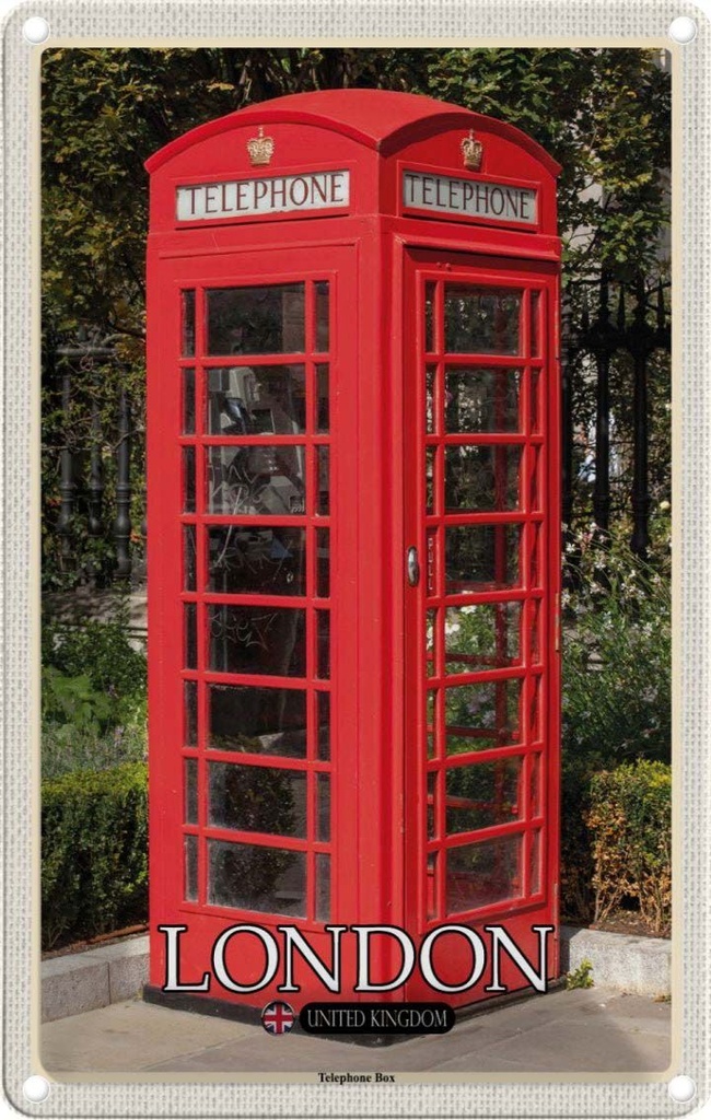 Blechschild 30x20 cm London United Kingdom Telephone Box Bildmotiv Reisemotiv Abenteuer Reisen Urlaub