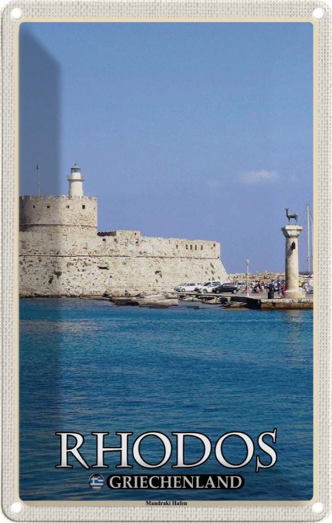 Blechschild 30x20 cm Rhodos Griechenland Mandraki Hafen Bildmotiv Reisemotiv Abenteuer Reisen Urlaub