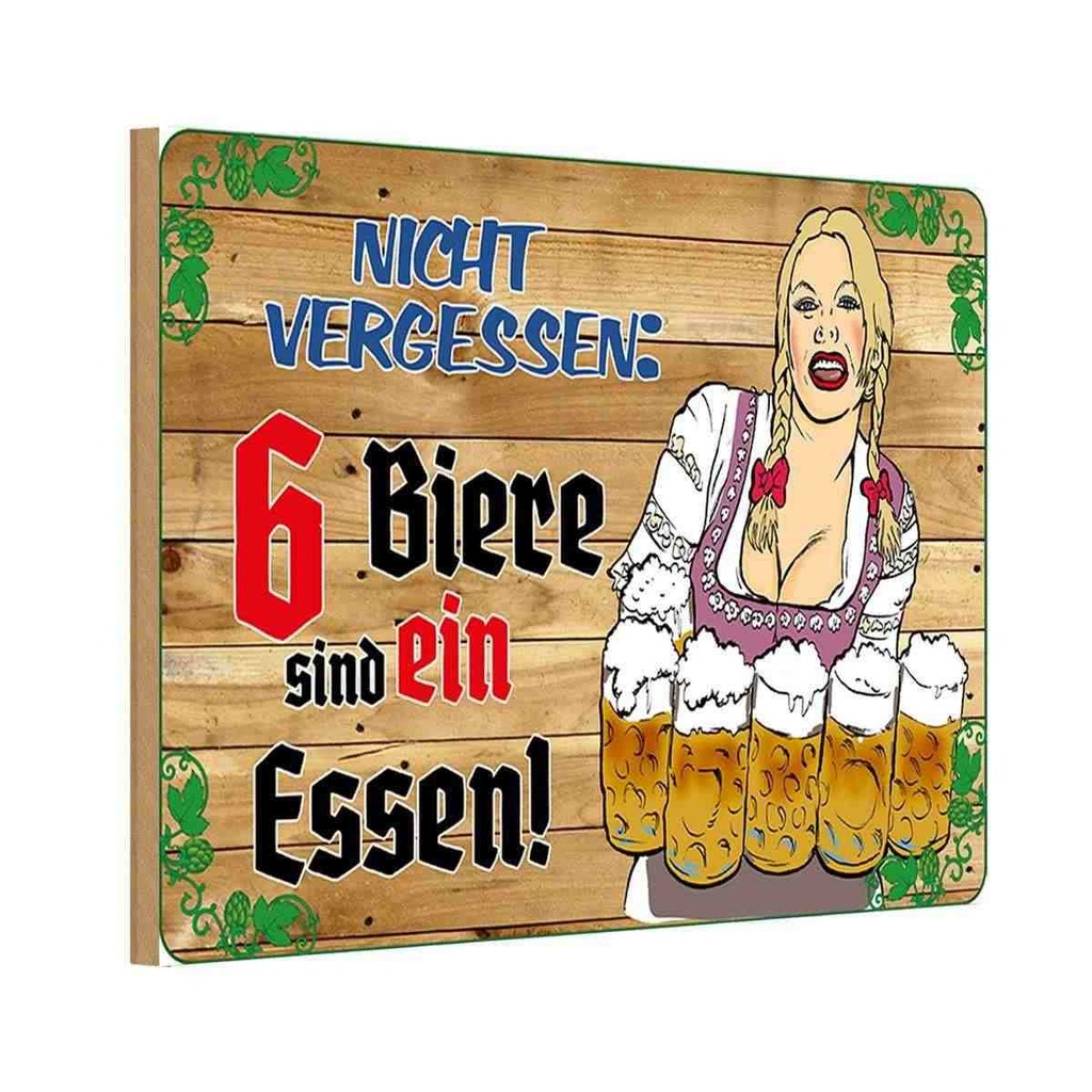 Holzschild 20x30 cm Alkohol 6 Biere sind ein Essen