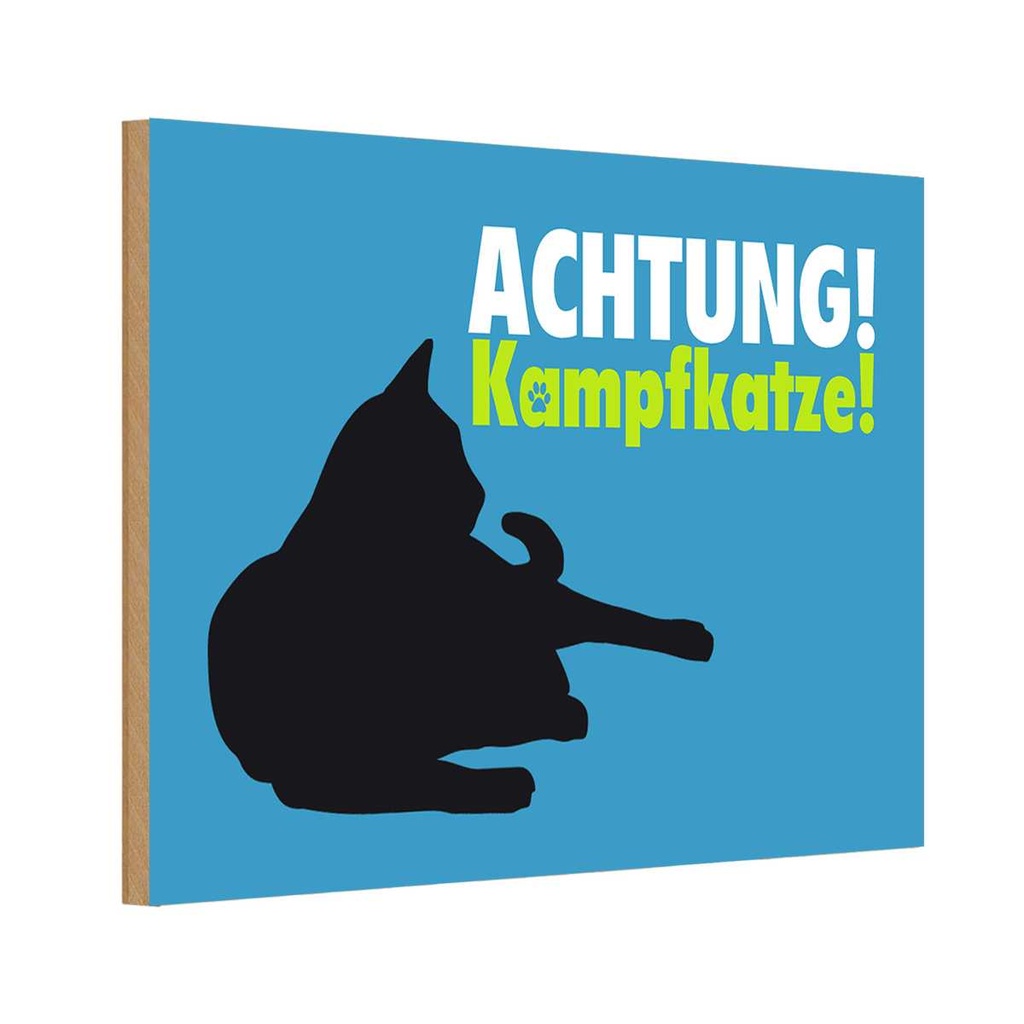 Holzschild 20x30 cm Achtung Kampfkatze Katze blau Warnschild Hinweisschild