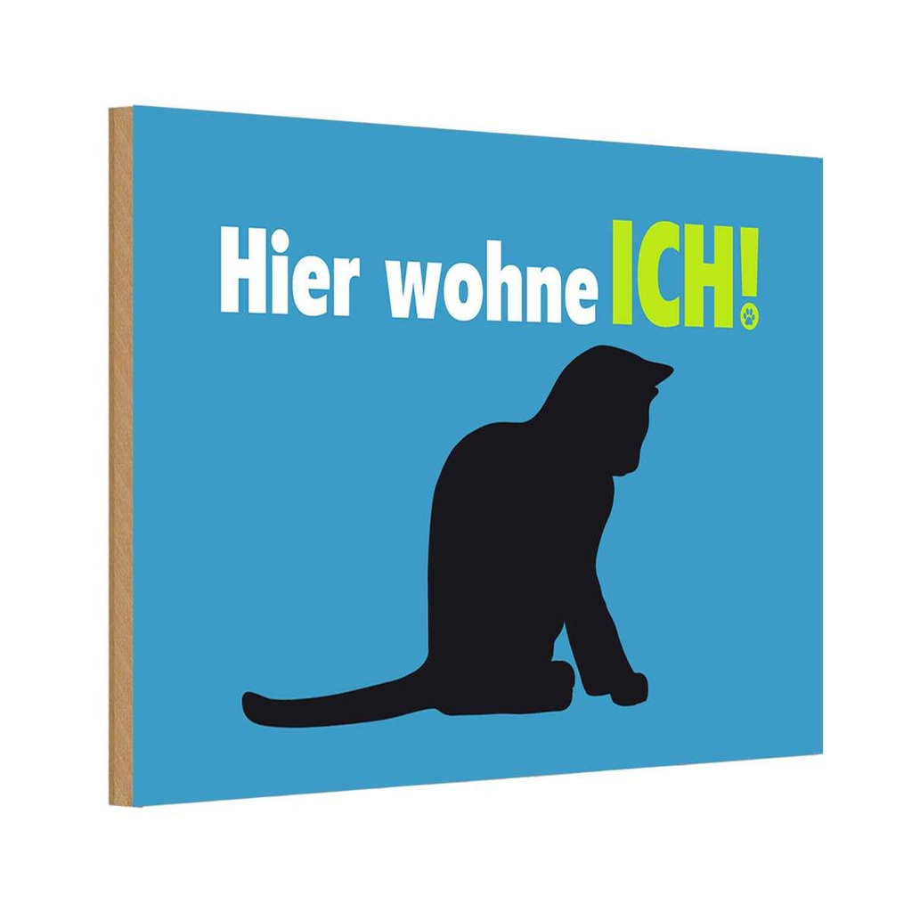 Holzschild 20x30 cm Katze hier wohne ich blau Tier Haustier