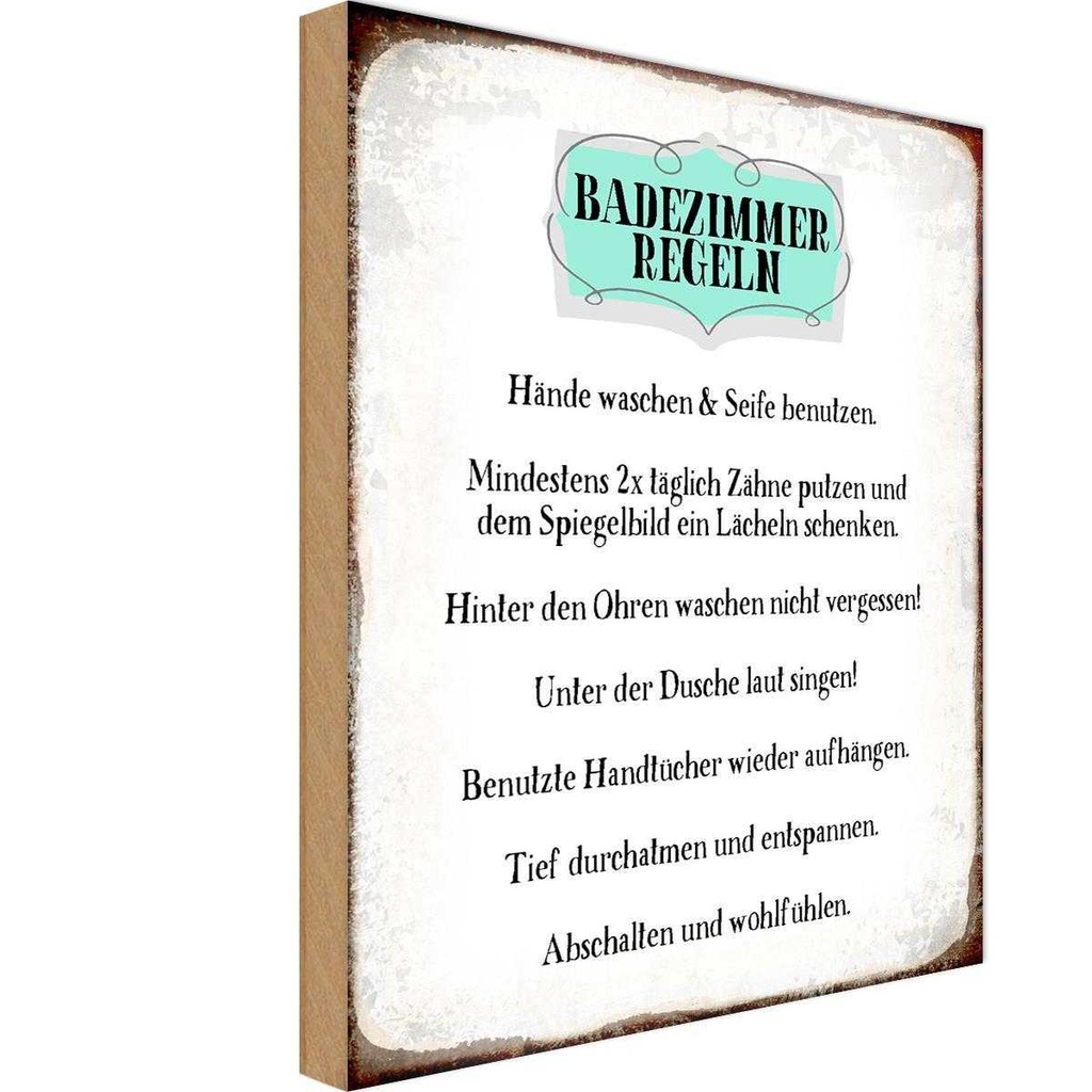 Holzschild 30x20 cm Badezimmer Regeln Hände waschen