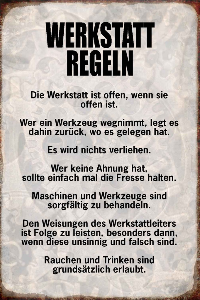 Holzschild 30x20 cm Werkstatt Regeln Werkzeug Auto Garage