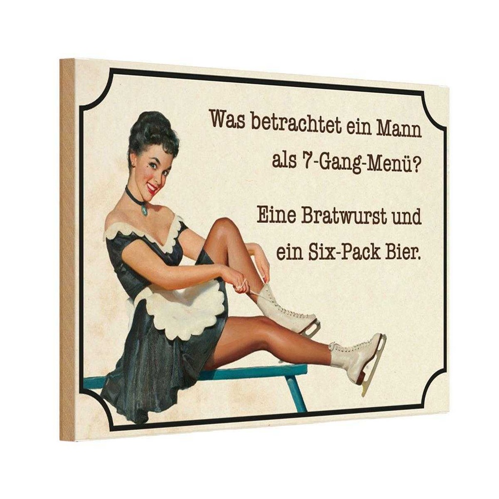Holzschild 20x30 cm 7-Gang-Menü Mann Wurst Bier Essen Trinken