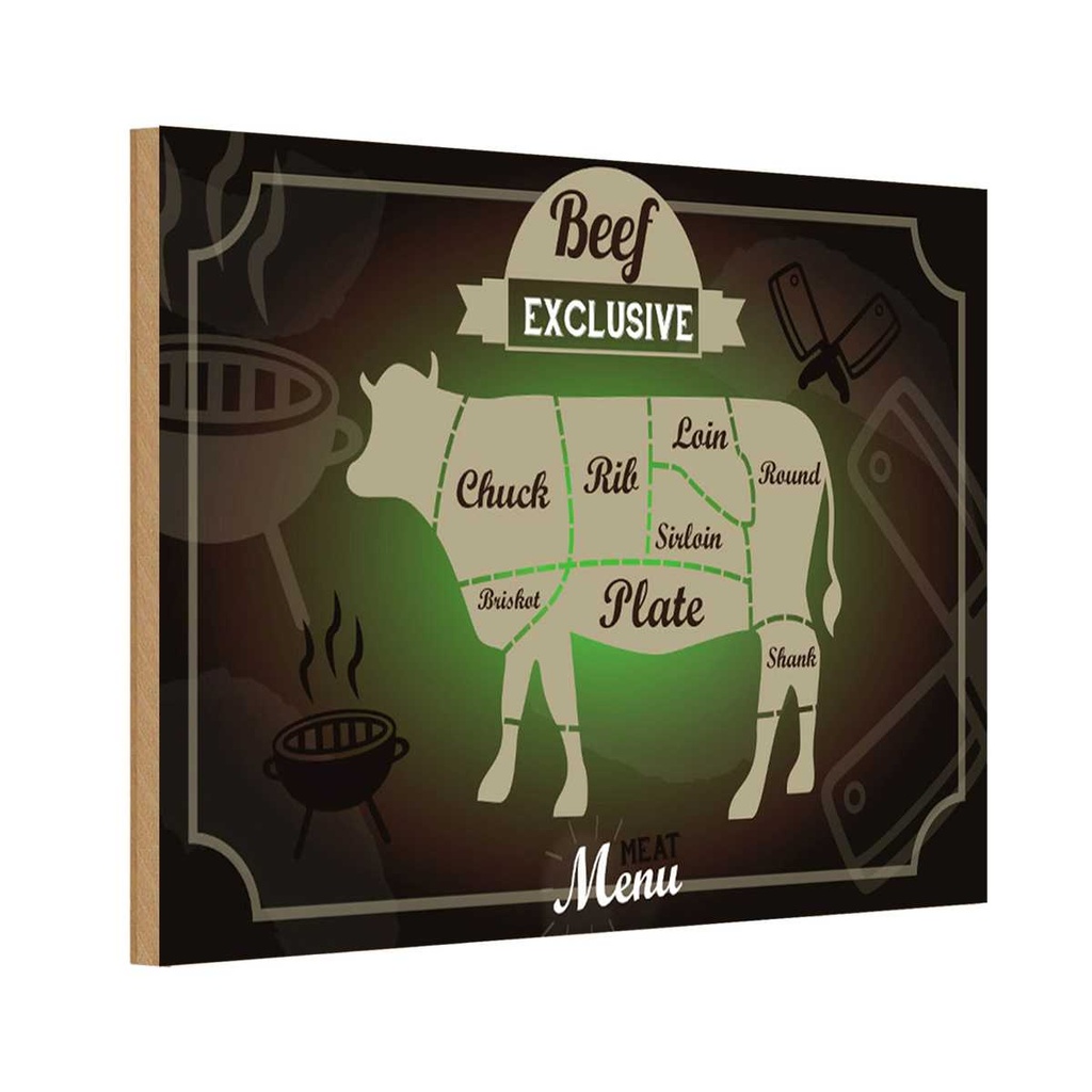 Holzschild 20x30 cm Fleisch Schnitte Beef exklusive Menü Essen Trinken