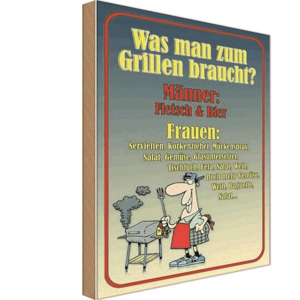 Holzschild 30x20 cm Grillen Männer Fleisch Bier Frauen