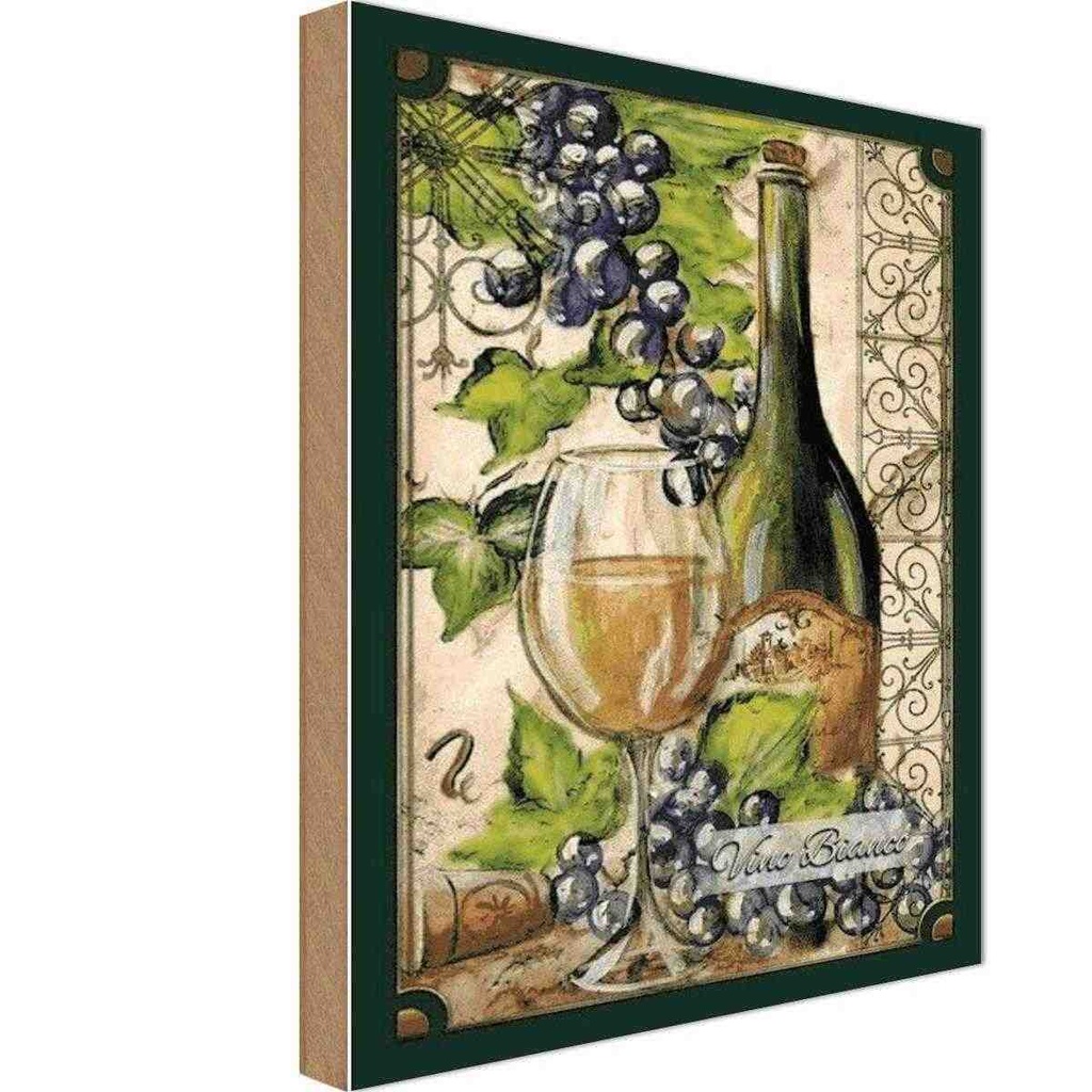 Holzschild 30x20 cm Kunst Stillleben Vino Bianco Weißwein Essen Trinken