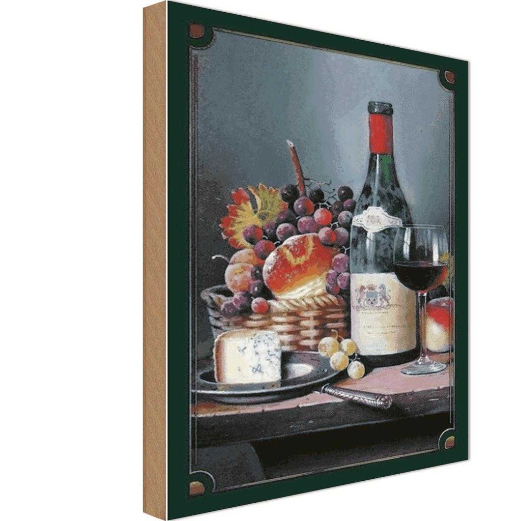 Holzschild 30x20 cm Kunst Stillleben Rotwein Käse Obst Essen Trinken