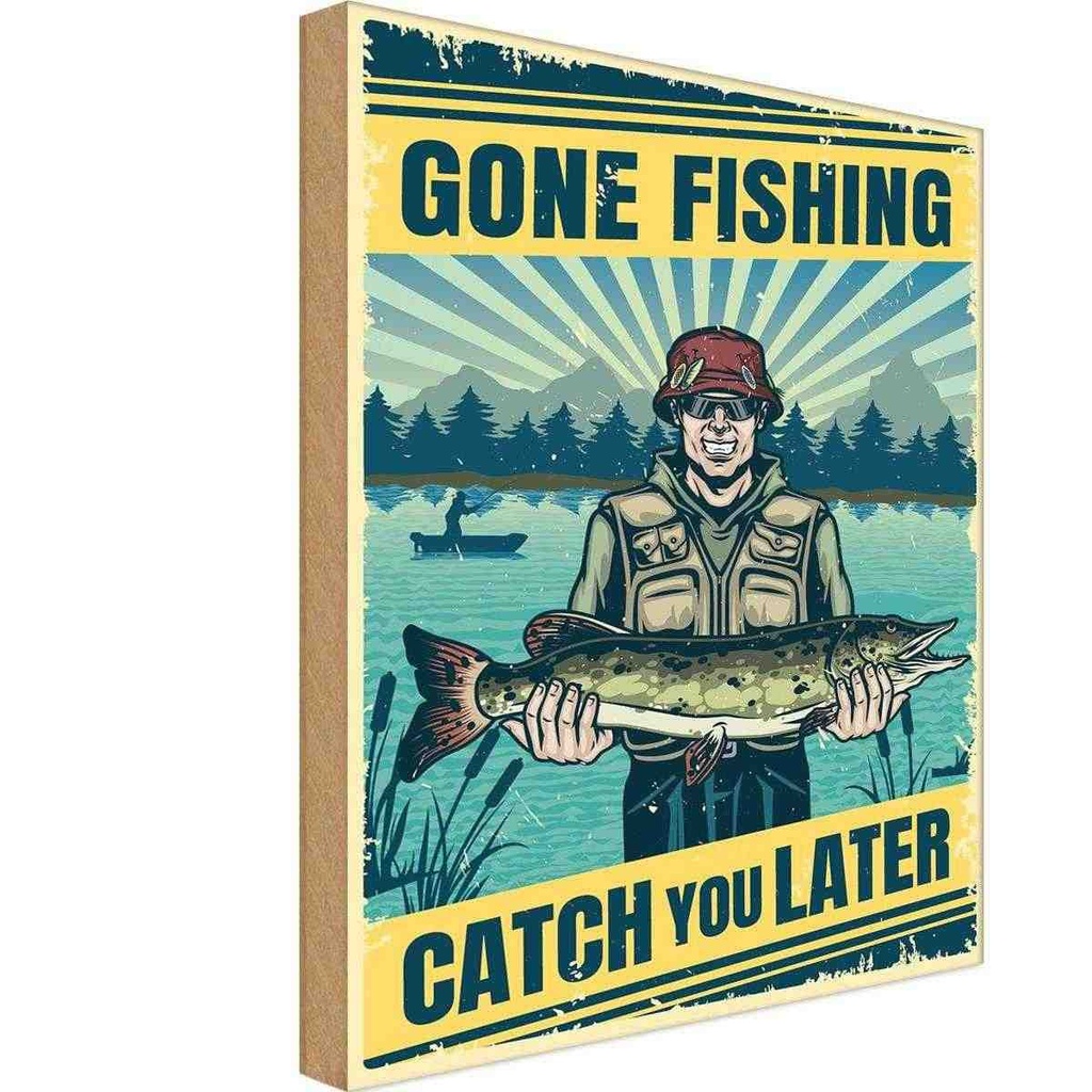 Holzschild 30x20 cm Gone Fishing Angeln Beruf Arbeit