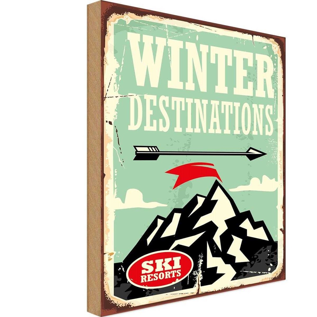 Holzschild 30x20 cm Ski winter destinations Dekoration