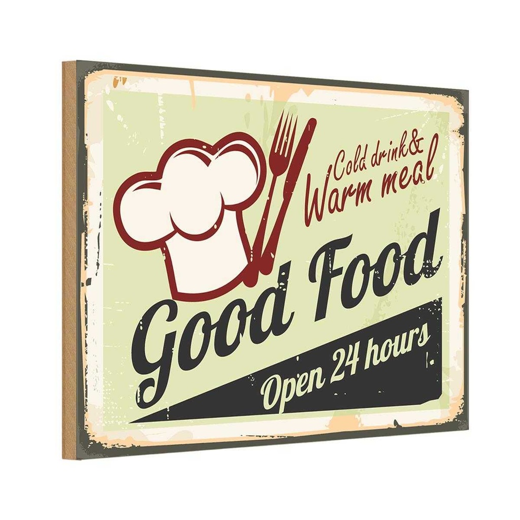 Holzschild 20x30 cm Good Food gold drink open 24 Warnschild Hinweisschild