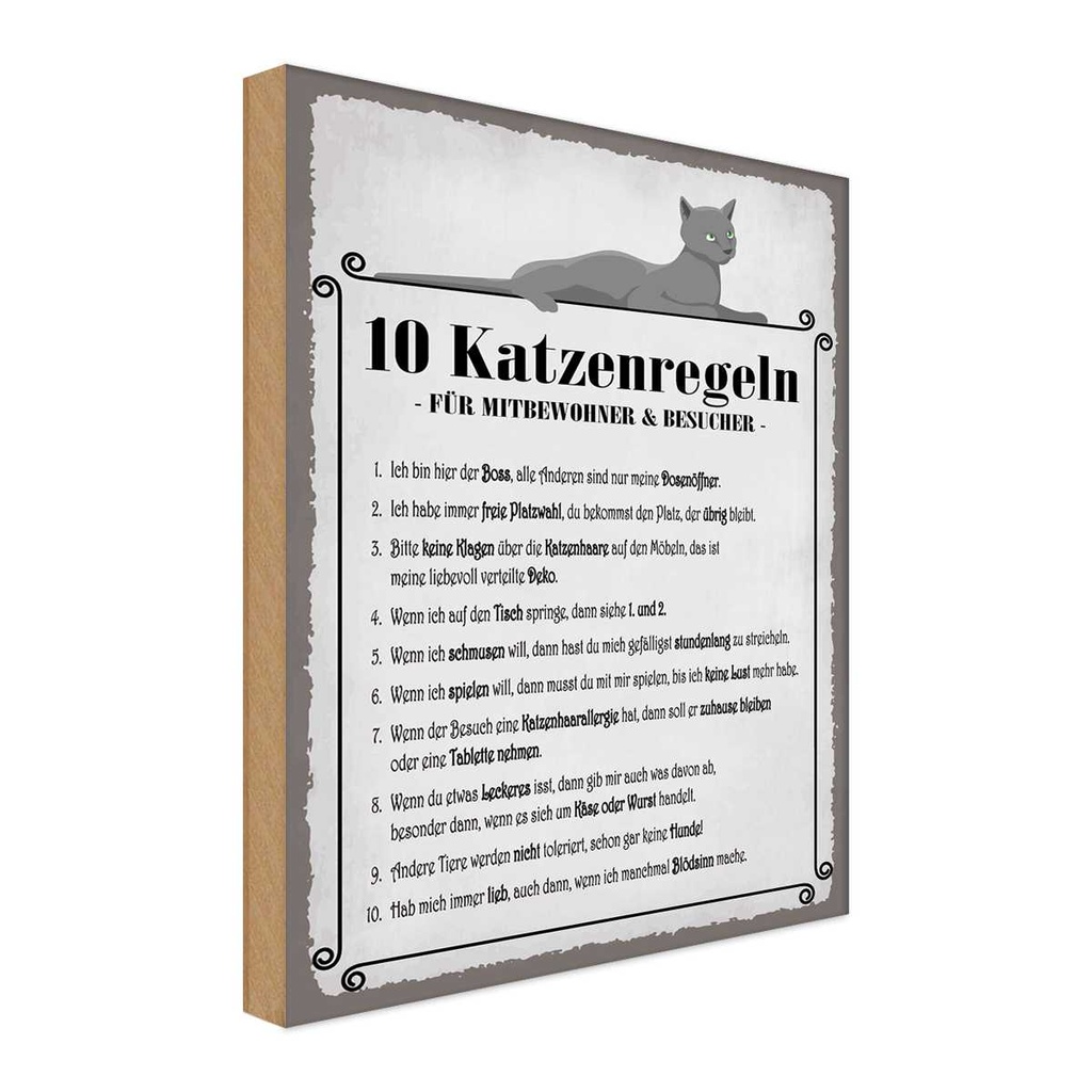 Holzschild 30x20 cm 10 Katzenregeln ich bin der Boss