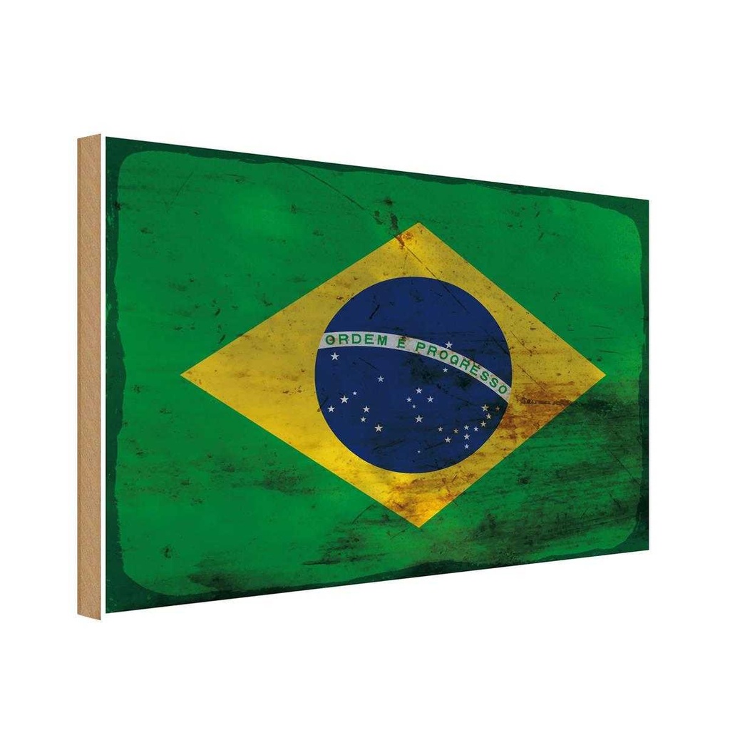Holzschild 20x30 cm Brasilien Brazil Rost Flagge Fahne Wappen