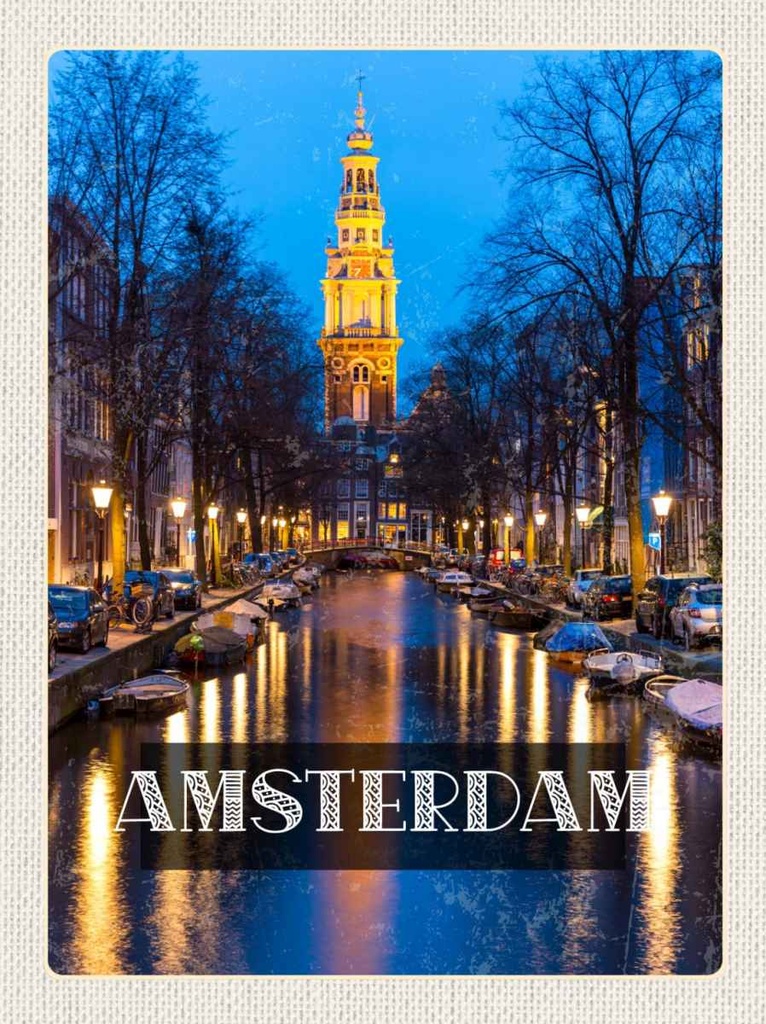 Holzschild 30x20 cm Retro Amsterdam Munt Tower Nacht Bildmotiv Reisemotiv Abenteuer Reisen