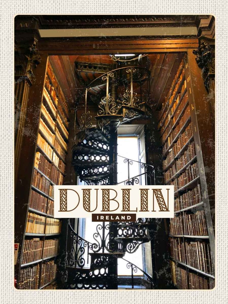 Holzschild 30x20 cm Retro Dublin Ireland Bibliothek Bildmotiv Reisemotiv Abenteuer Reisen