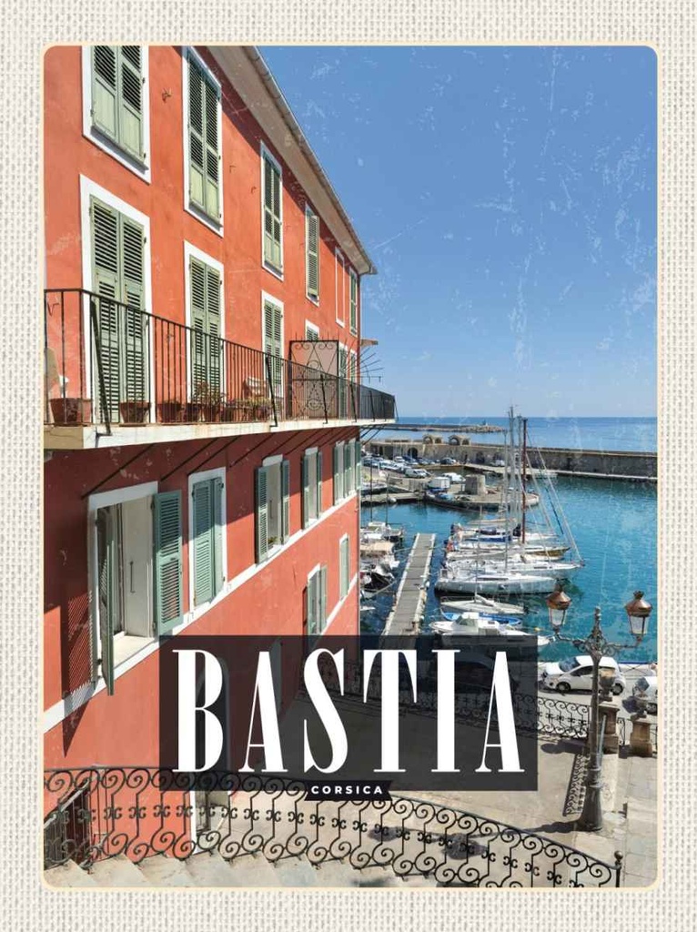 Holzschild 30x20 cm Retro Bastia Corsica Jachten Meer Bildmotiv Reisemotiv Abenteuer Reisen